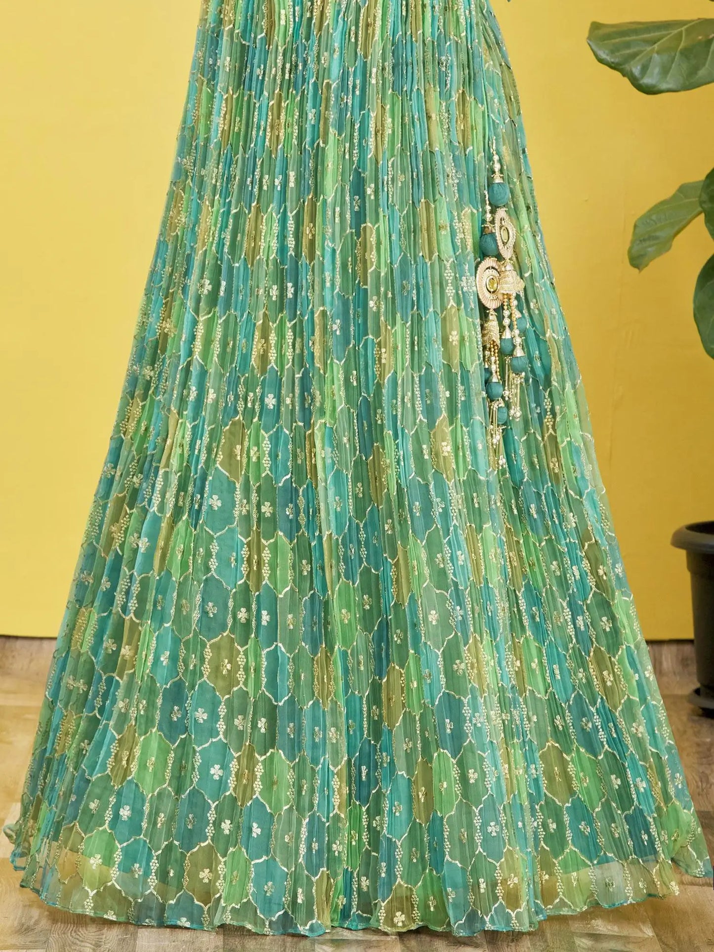 Pistachio Green  Embroidered Choli With Digital  Print Lehenga And Net Dupatta