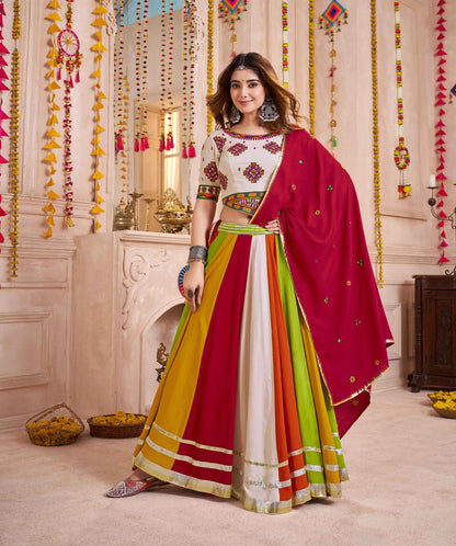 White With Multi Color Navratri Lehenga With Thread And Mirror Work Choli