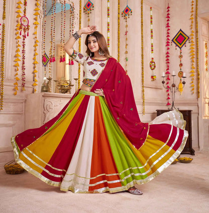 White With Multi Color Navratri Lehenga With Thread And Mirror Work Choli