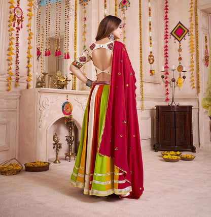 White With Multi Color Navratri Lehenga With Thread And Mirror Work Choli