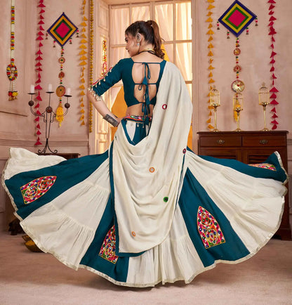 White And Teal Blue Kutchi Patchwork With Mirror Work Navratri Lehenga Choli