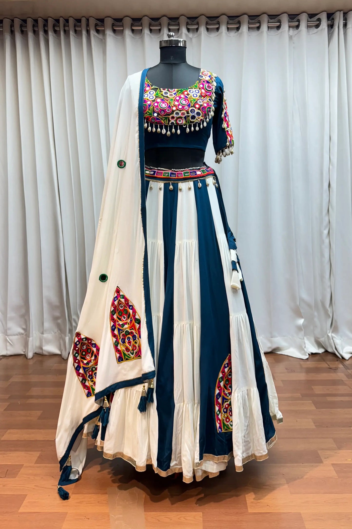 White And Teal Blue Kutchi Patchwork With Mirror Work Navratri Lehenga Choli