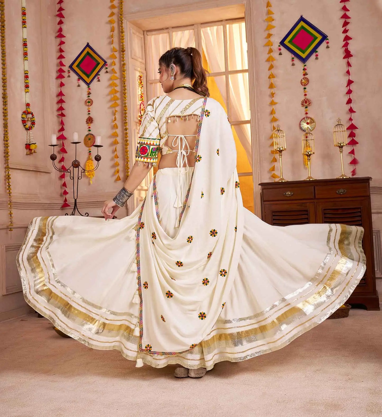 White Navratri Lehenga With Kutchi Work And Mirror Kodi Work Trendy Blouse