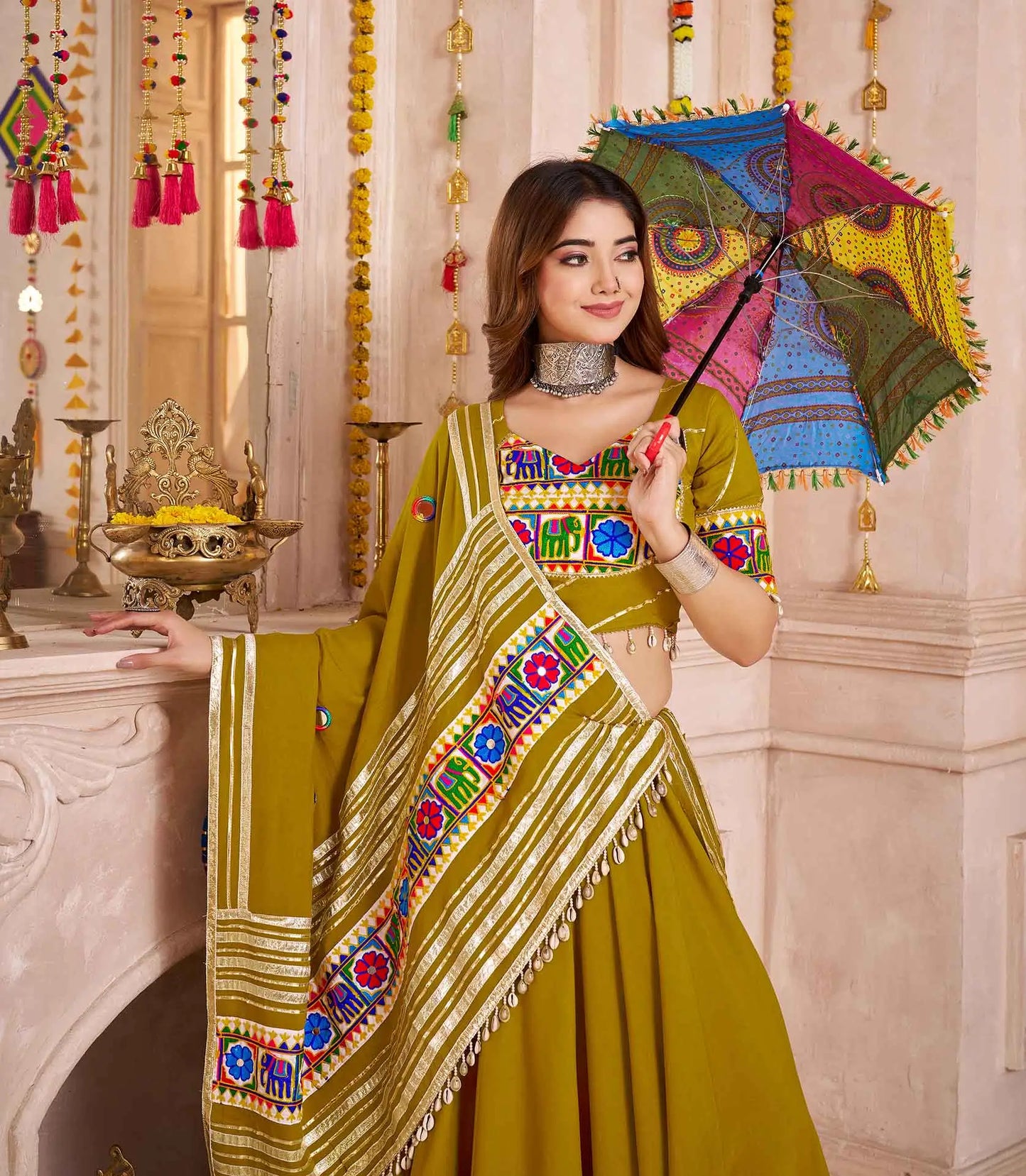 Mustard Brown Multi Thread Kutchi Work Navratri Lehenga Choli