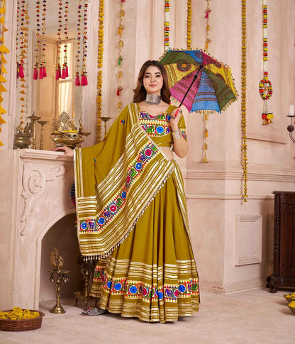 Mustard Brown Multi Thread Kutchi Work Navratri Lehenga Choli