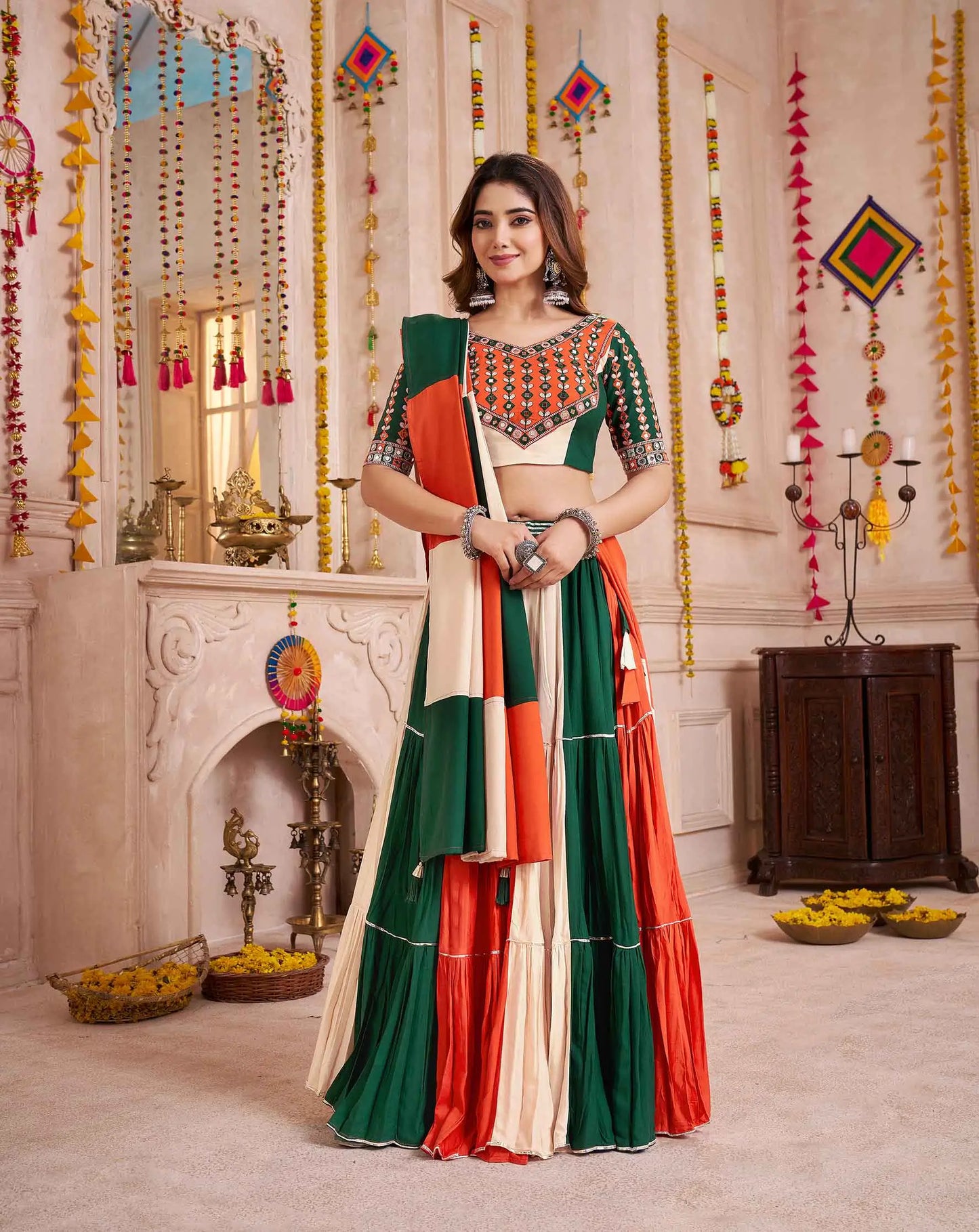 Multi Color Lehenga Choli With Kutchi Patch Work And Mirror For Navratri