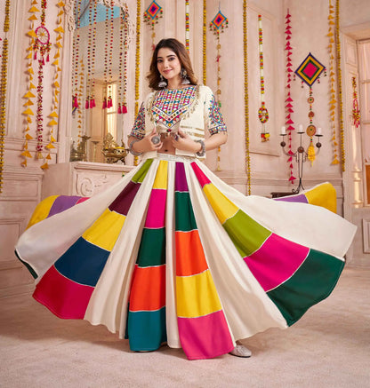 White Multi Color Patch Work Lehenga With Thread Mirror Kodi Work Jacket