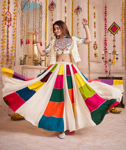 White Multi Color Patch Work Lehenga With Thread Mirror Kodi Work Jacket