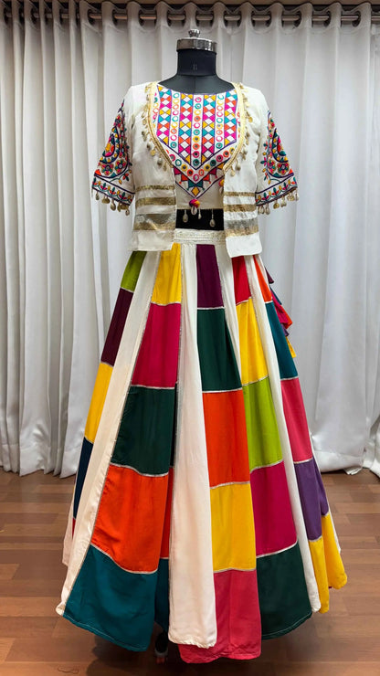 White Multi Color Patch Work Lehenga With Thread Mirror Kodi Work Jacket