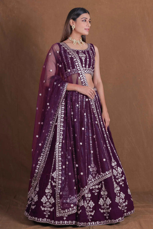 Wine Embroidery Work Lehenga Choli