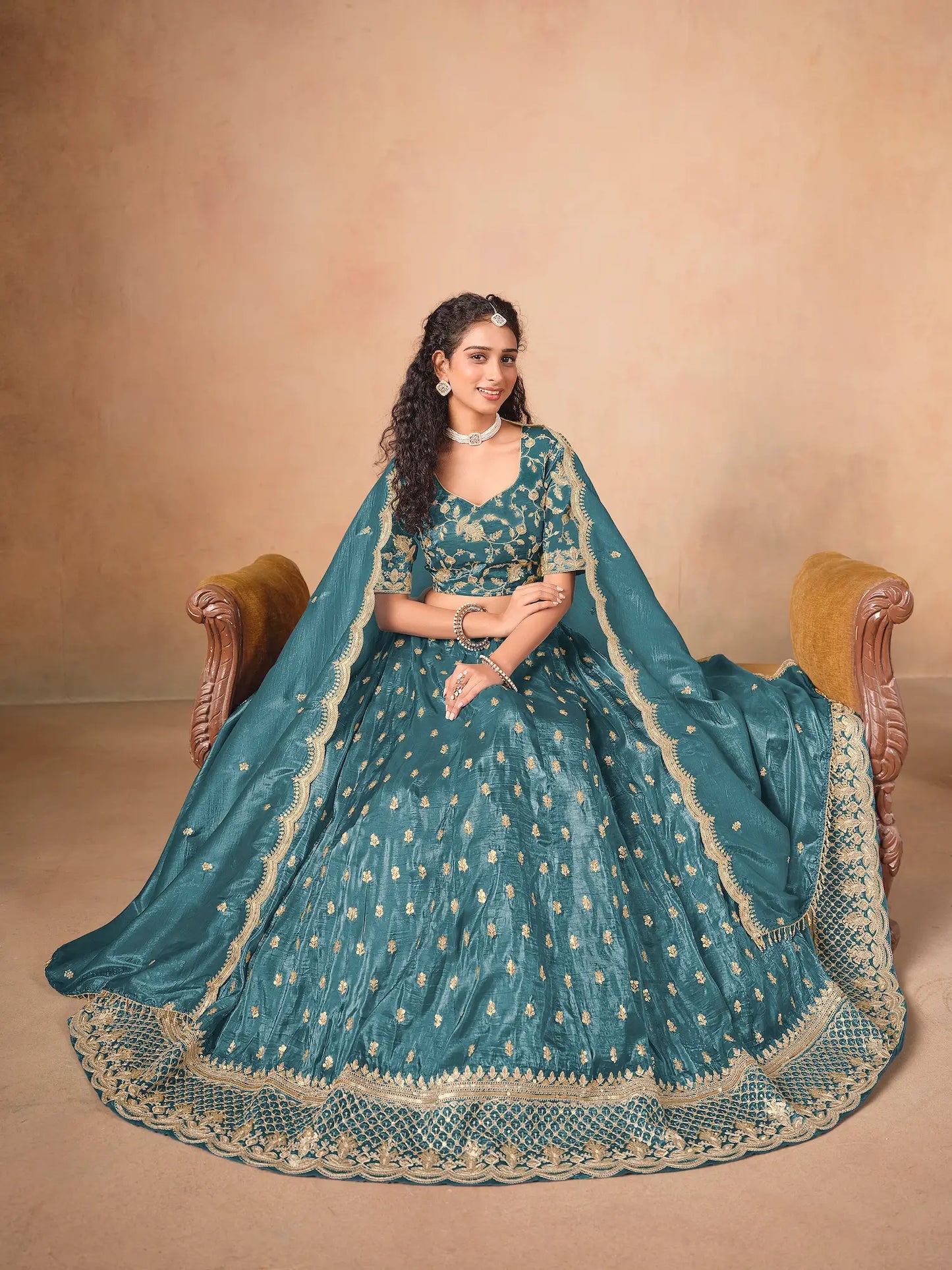 Teal Blue Organza Embroidery Work Lehenga Choli