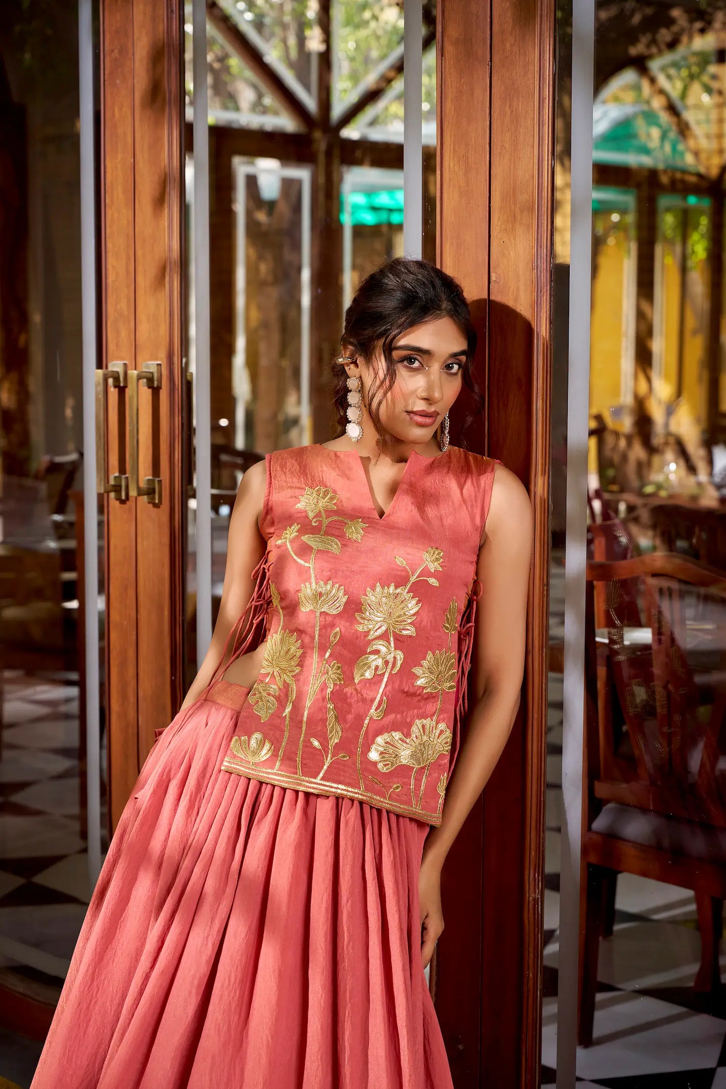 Salmon Pink Embroidered Indo Western Set