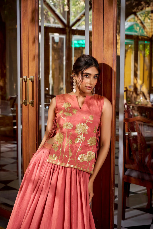 Salmon Pink Embroidered Indo Western Set