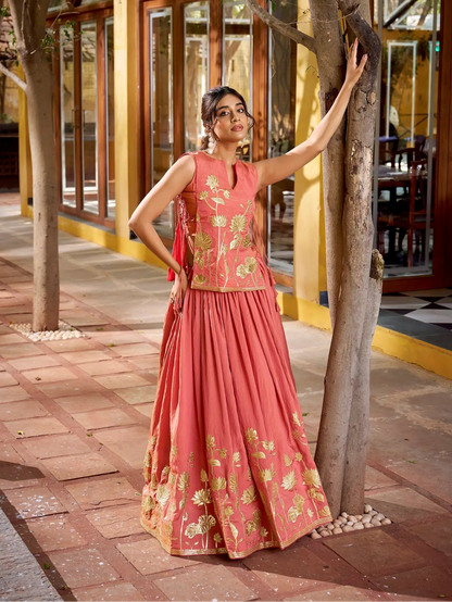 Salmon Pink Embroidered Indo Western Set