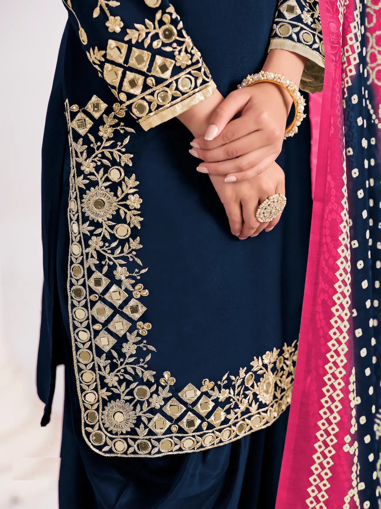 Navy Blue Silk Salwar Suit With Mirror Work & Embroidery