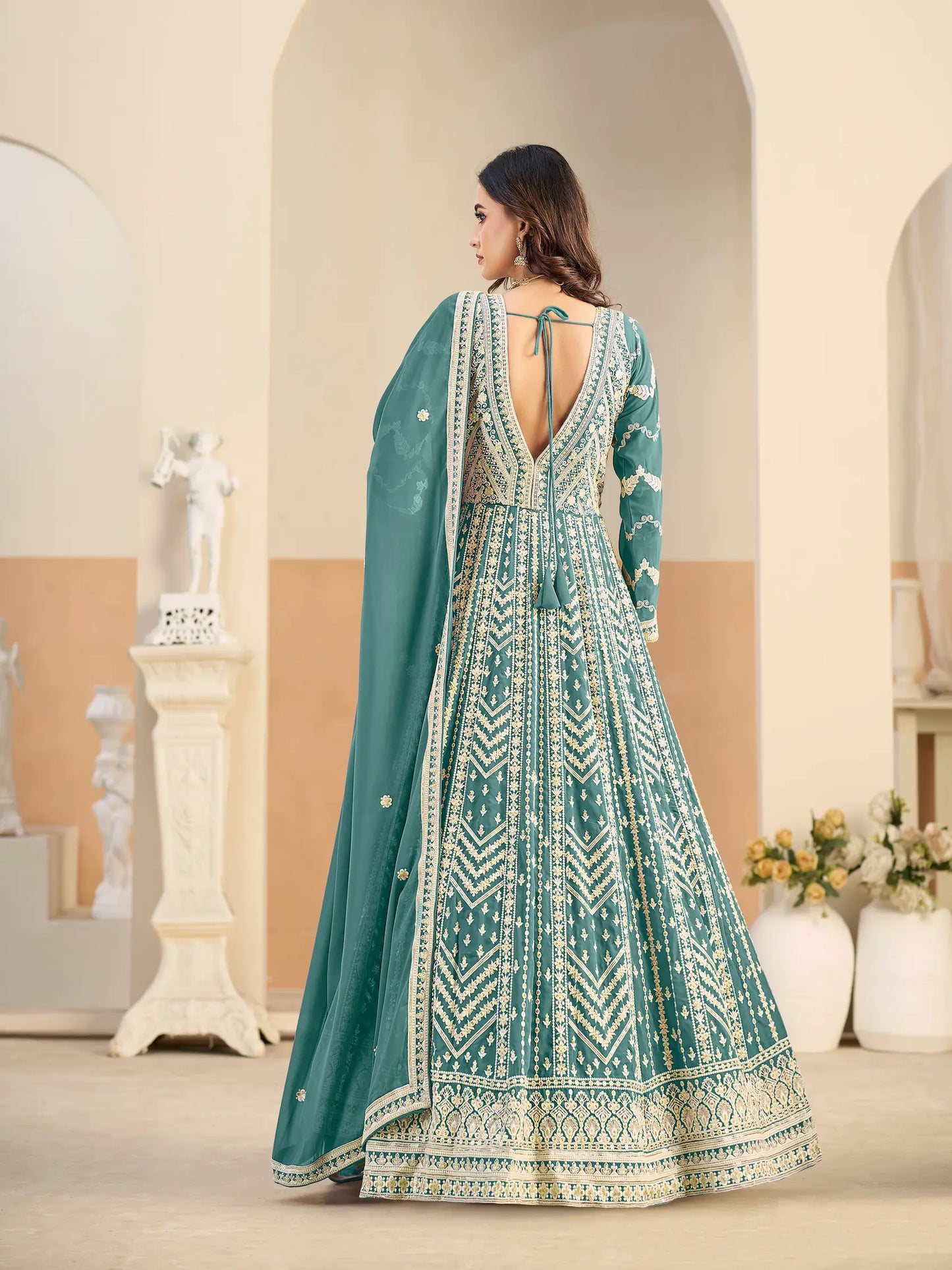 Dusty Teal Georgette Embroidery Gown