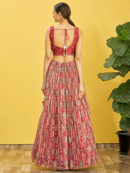 Red Brown Embroidered Choli With Digital  Print Lehenga And Net Dupatta