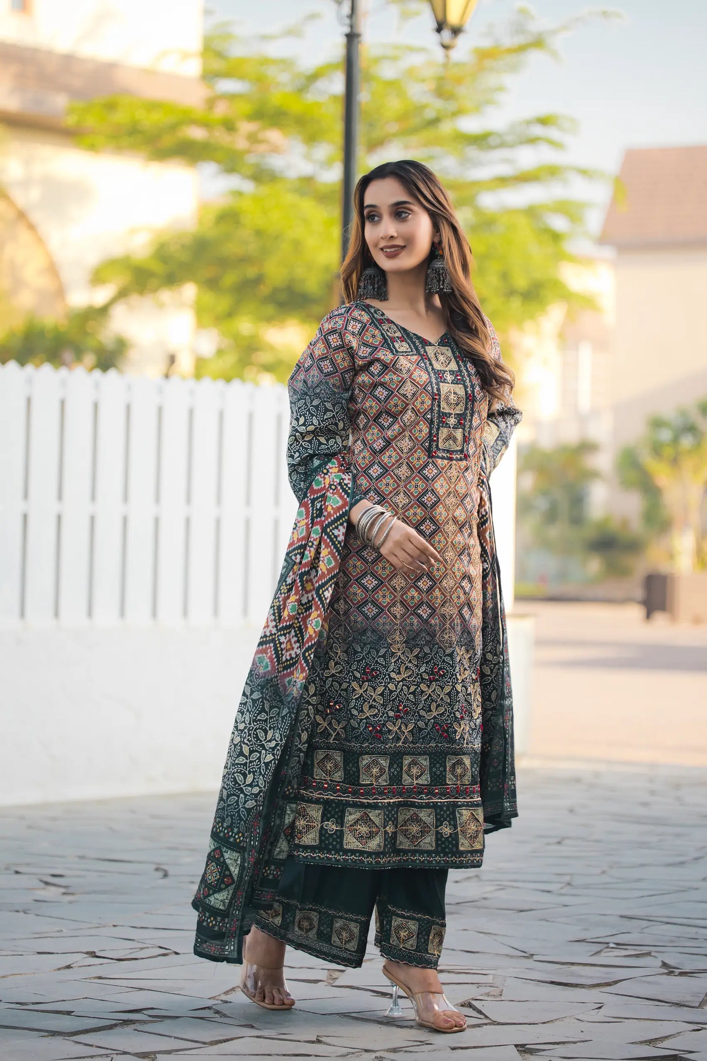 Dark Green Chinon Handwork & Printed Salwar Suit