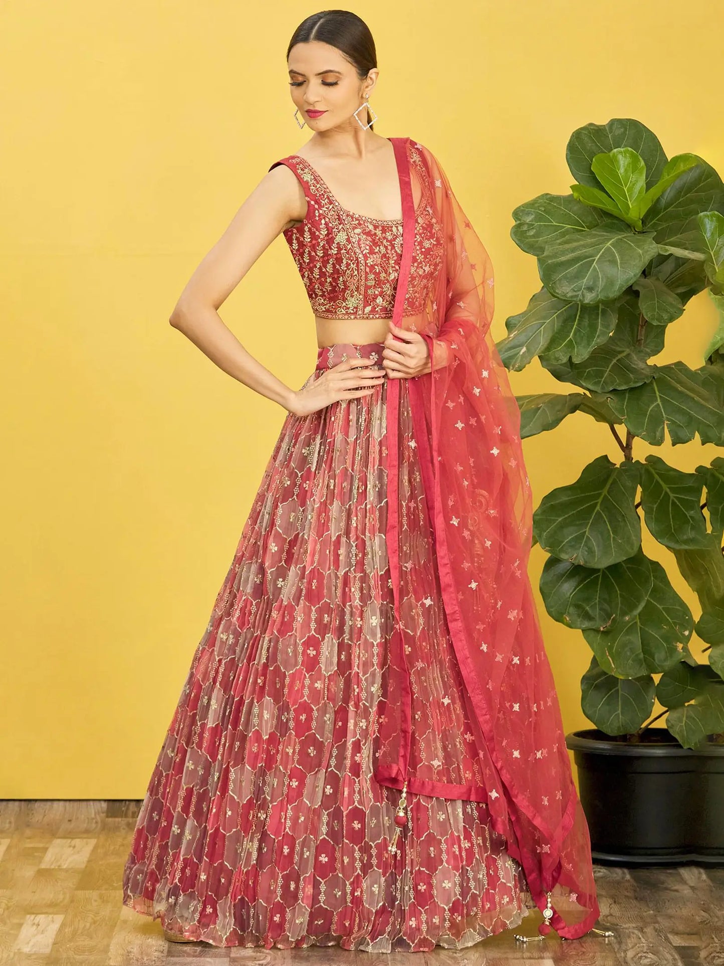 Red Brown Embroidered Choli With Digital  Print Lehenga And Net Dupatta