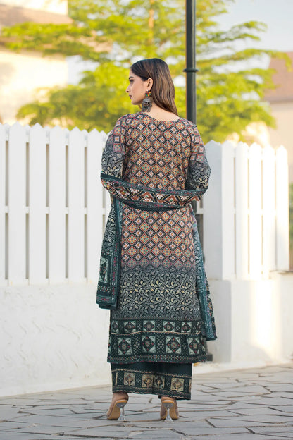 Dark Green Chinon Handwork & Printed Salwar Suit