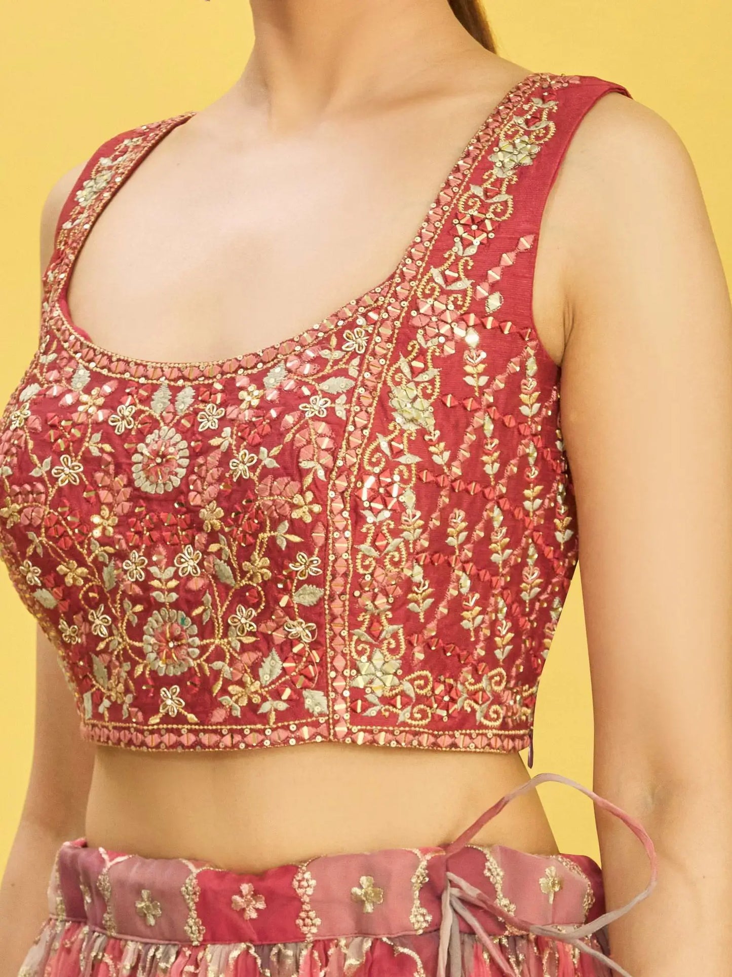 Red Brown Embroidered Choli With Digital  Print Lehenga And Net Dupatta