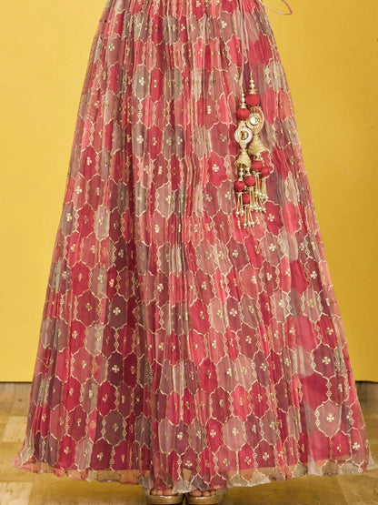 Red Brown Embroidered Choli With Digital  Print Lehenga And Net Dupatta