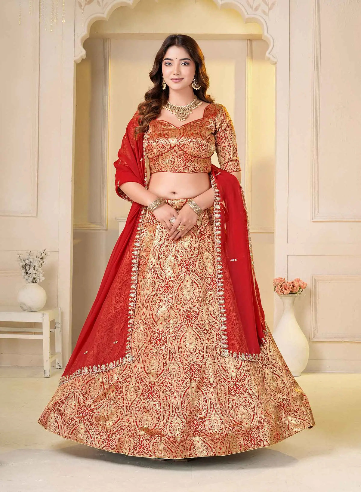 Red Jecquard Work Designer Lehenga Choli