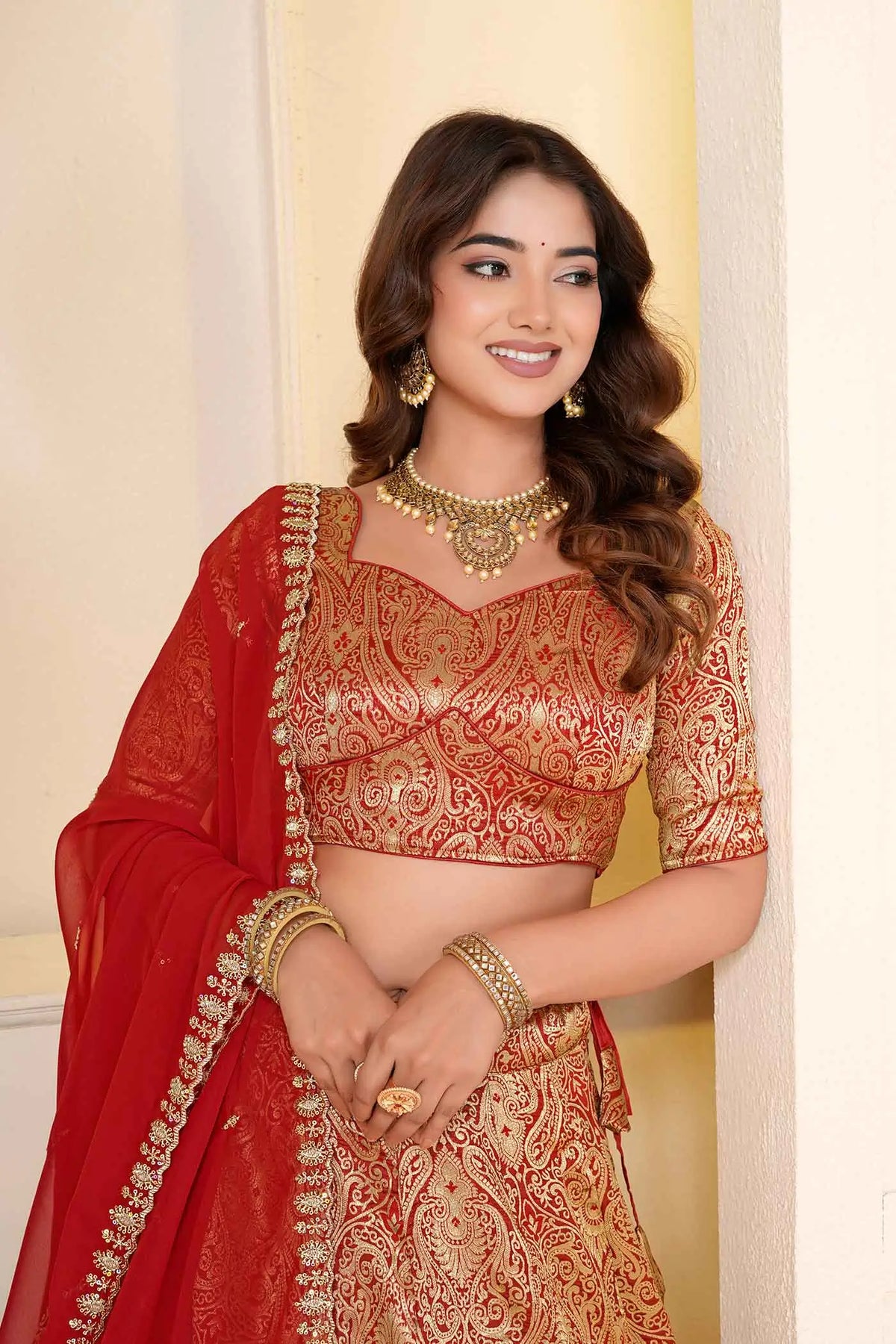 Red Jecquard Work Designer Lehenga Choli