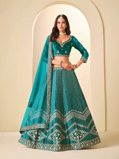 Dark Teal Velvet Lehenga Choli With Embroidery