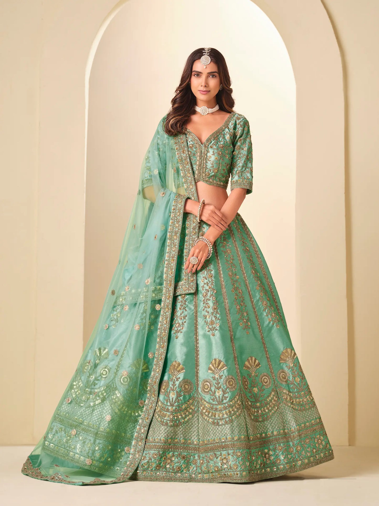 Sea Green Art Silk Embroidered Lehenga Choli