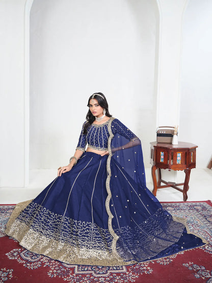 Navy Blue Art Silk Embroidery Lehenga Choli