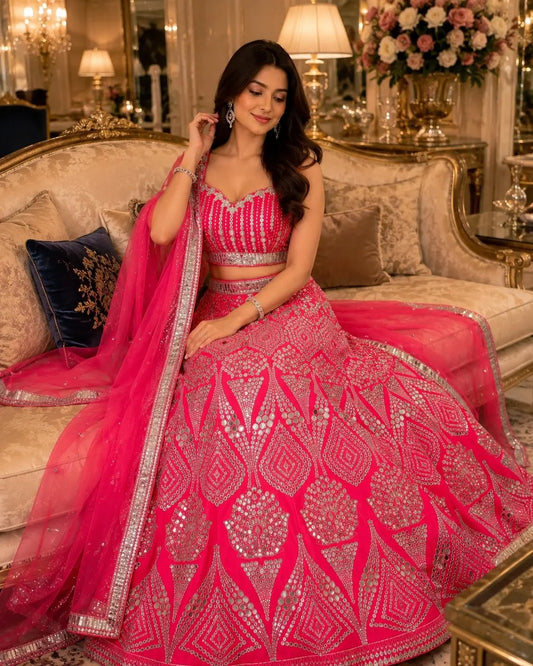 Red Pink Designer Embroidered Lehenga Choli