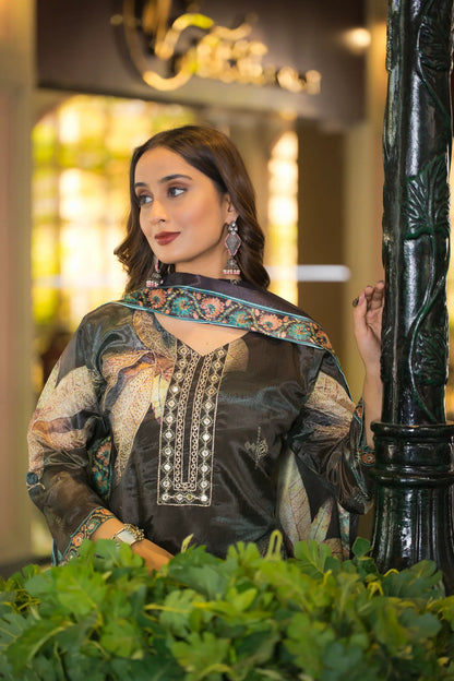 Dark Grey Chinon Handwork & Printed Salwar Suit