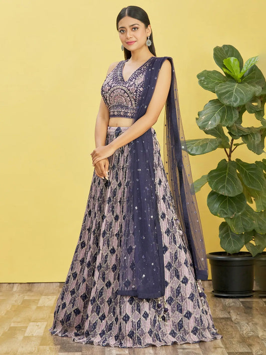 Wine Lehenga With Digital Print And Thread Zari Sequins Embroidery Real Mirror Work
