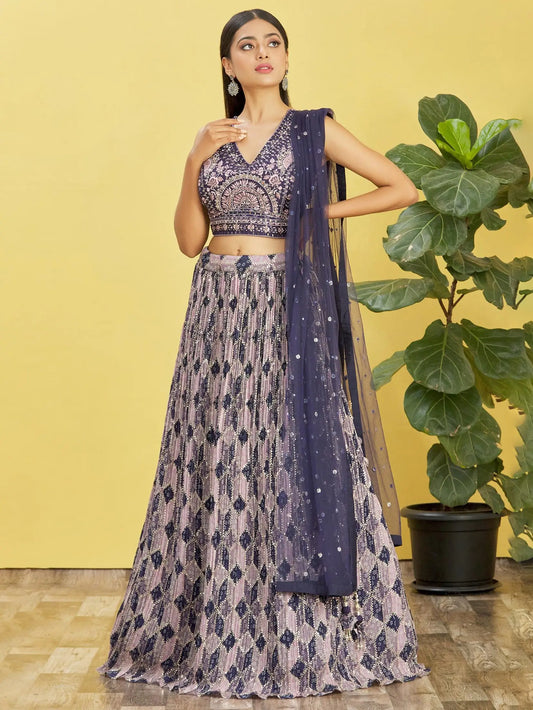 Wine Lehenga With Digital Print And Thread Zari Sequins Embroidery Real Mirror Work