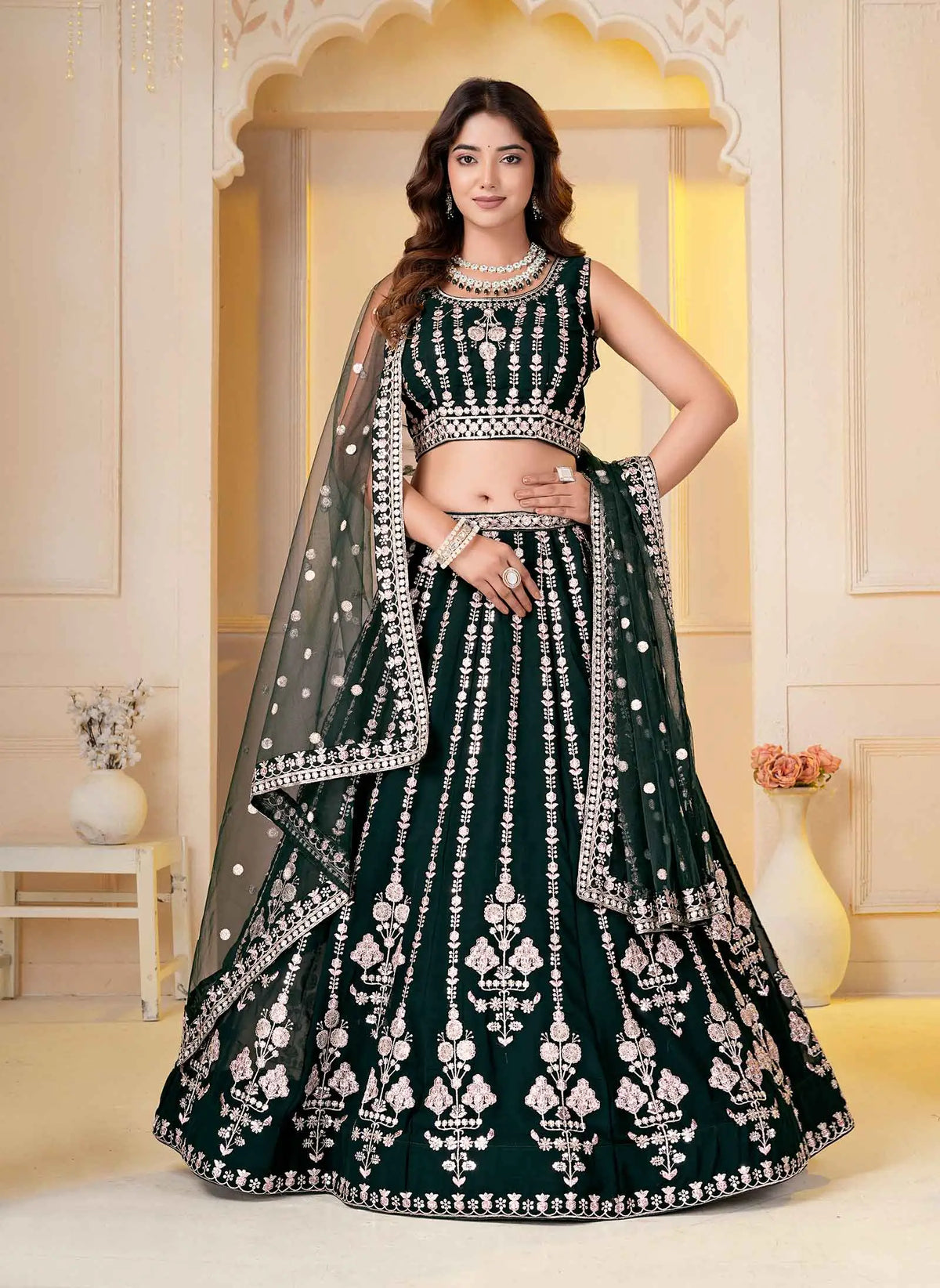 Dark Green Sequins Embroidery Lehenga Choli