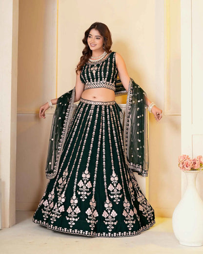 Dark Green Sequins Embroidery Lehenga Choli