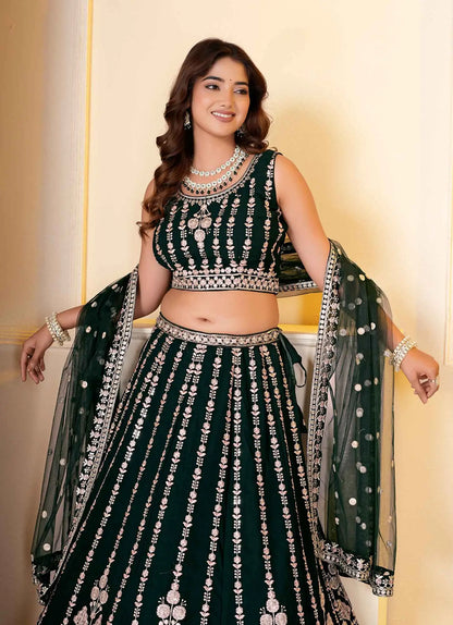 Dark Green Sequins Embroidery Lehenga Choli