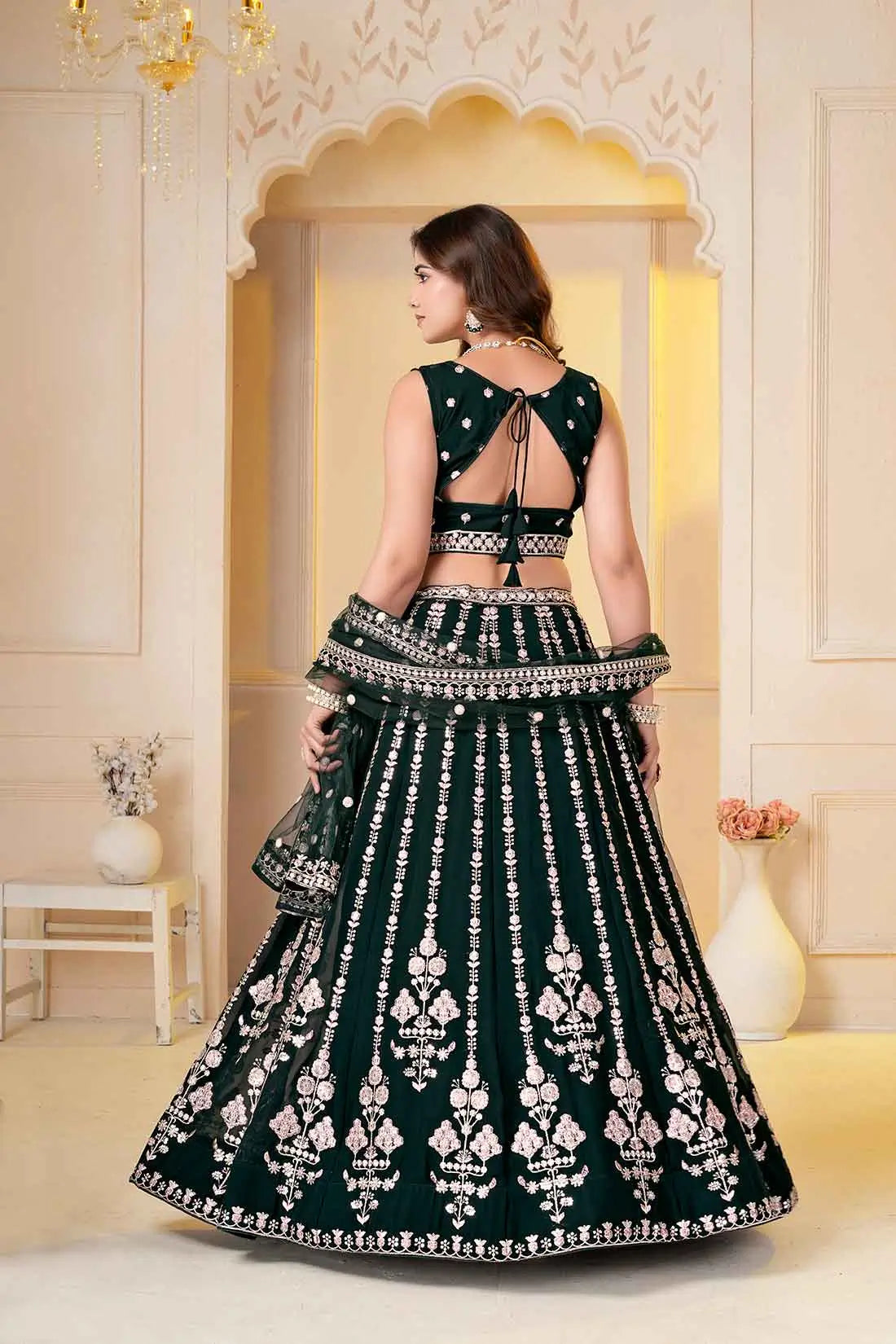 Dark Green Sequins Embroidery Lehenga Choli