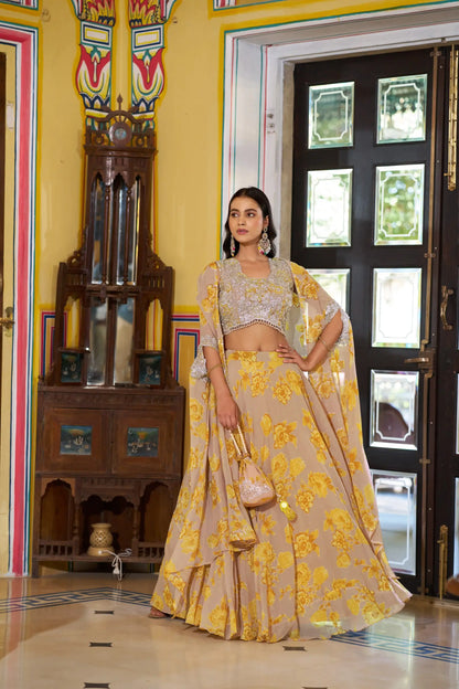 Pastel Yellow Beads Work Indo-Westerm