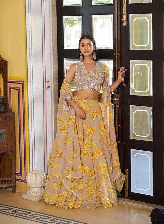 Pastel Yellow Beads Work Indo-Westerm
