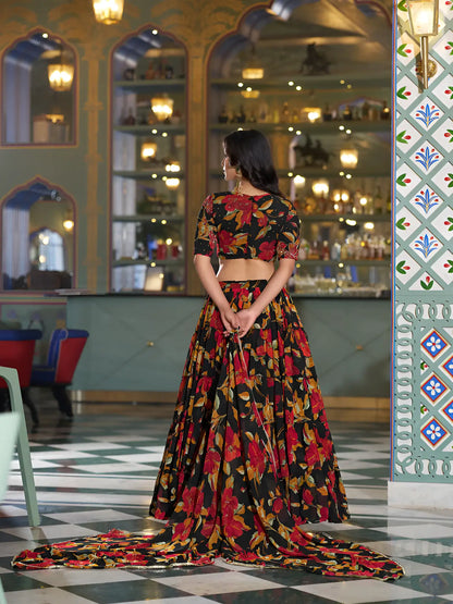 Smoky Black Floral Printed Lehenga Choli