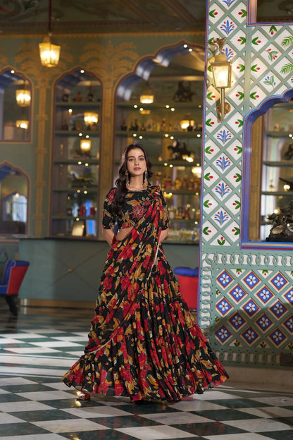 Smoky Black Floral Printed Lehenga Choli