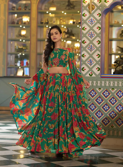Spring Green Floral Printed Lehenga Choli