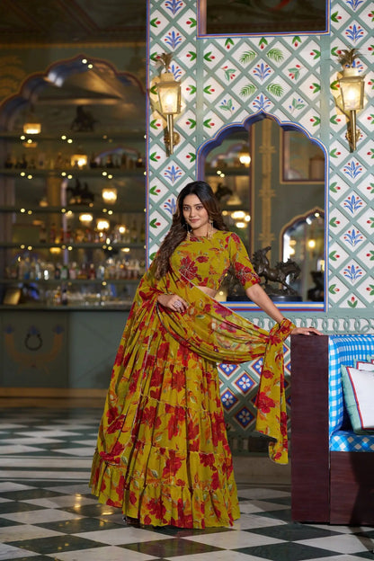 Olive Yellow Floral Printed Lehenga Choli