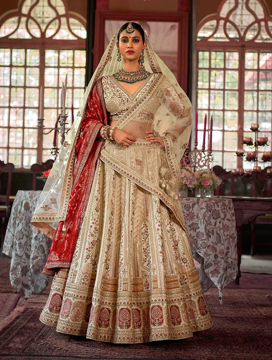 Beige Bridal Lehenga With Heavy Embroidery & Pearl Work