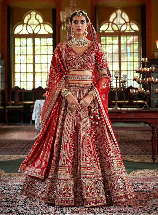 Red Bridal Lehenga With Heavy Embroidery & Pearl Work