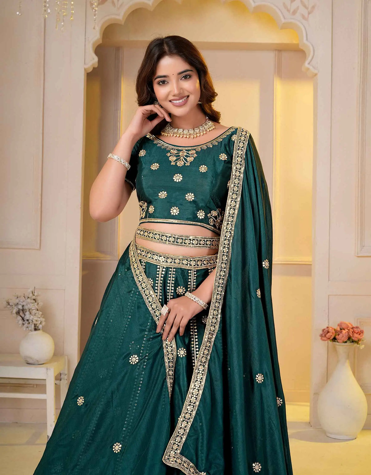 Dark Green Sequins Embroidery Lehenga Choli