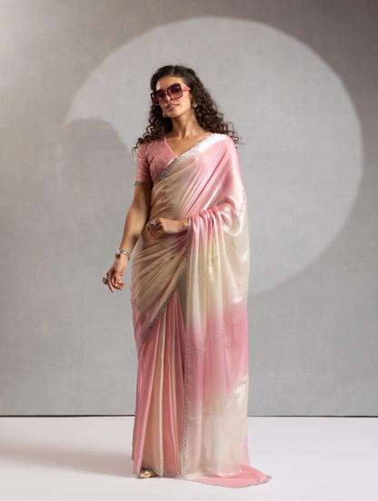 Blush Pink-Ivory Satin Silk Jarkan Hand Work Saree