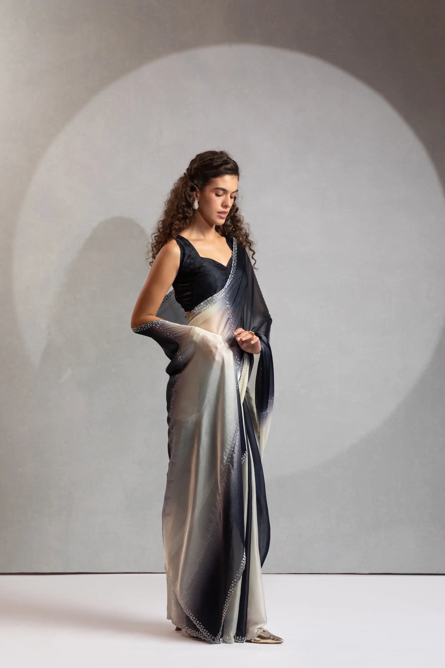 Black-Ivory Satin Silk Jarkan Hand Work Saree